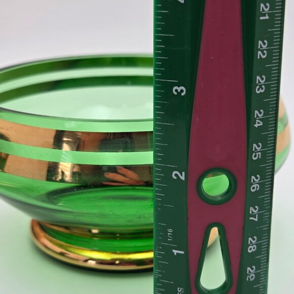 Vintage Bohemian Green Glass Lidded Candy Dish With Gold Stripes Mid Century - Picture 15 of 16